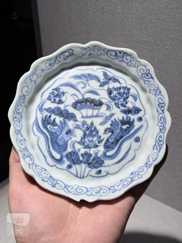 元 青花荷塘鸳鸯纹菱口盘及花口杯一套 - 图15